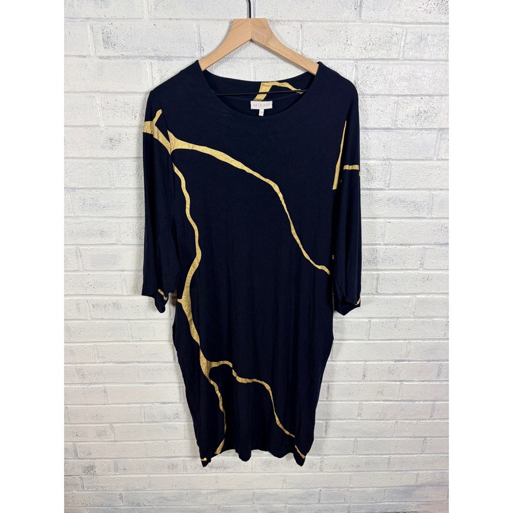 Mikah T Shirt Dress Womens M Black Gold Metallic Abstract 3/4 Sleeve Stretch